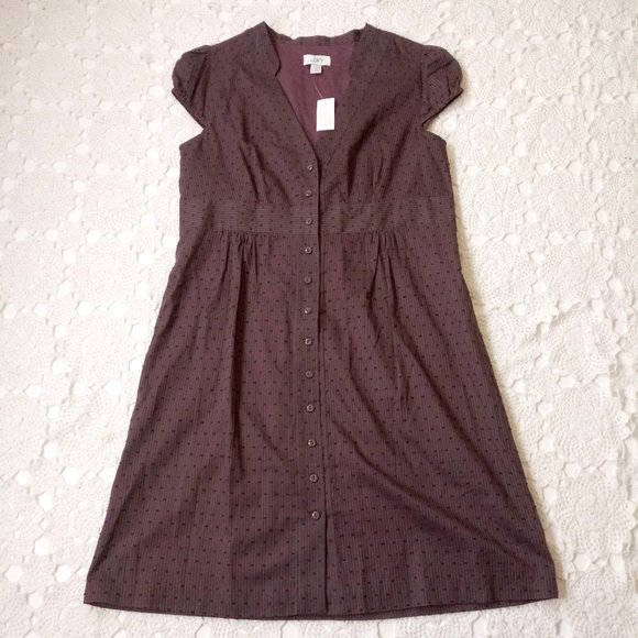 LOFT Dresses & Skirts - New Loft Shirt Dress Fit Flare Knee Length Cap Sleeve Brown Swiss Dot 12 Women